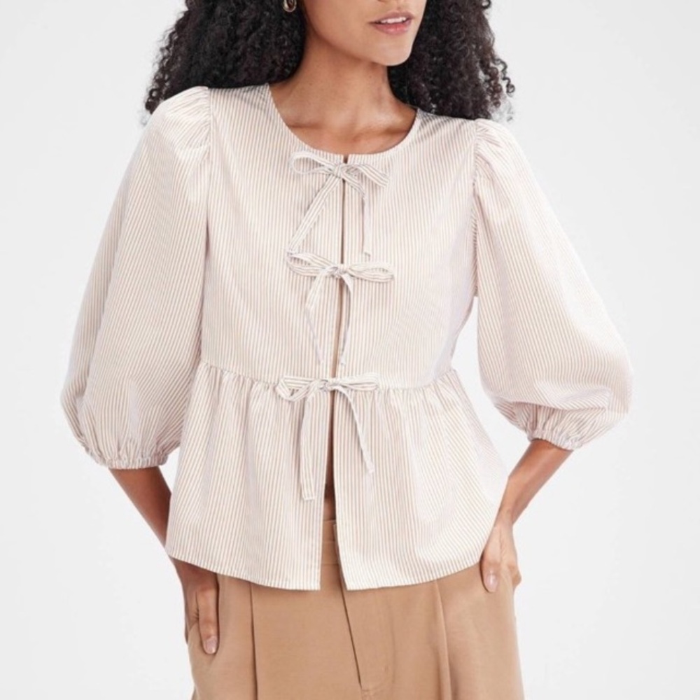 A New Day Cream Striped Tie Front Blouse